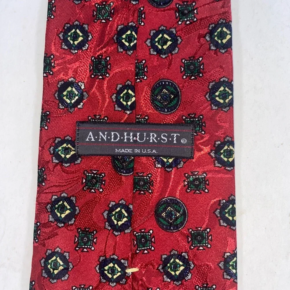 ANDHURST Men's Red Patterned Necktie Geometric Silk Blend‎ Made in USA